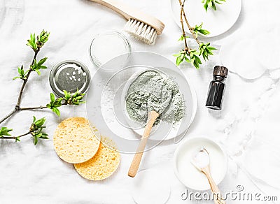 Dead sea mud mask - beauty products ingredients on light background, top view. Beauty concept Stock Photo