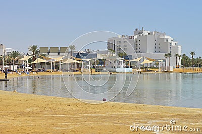 The dead sea resorts in Israel. View of the hotel and the beach. Israel Editorial Stock Photo