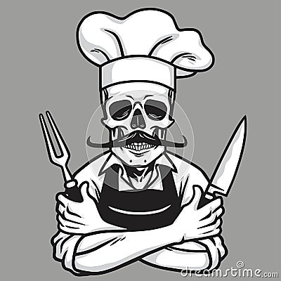 Dead Skull Chef Grinning with Fork, Knive, and Hat. Vector Drawing Vector Illustration