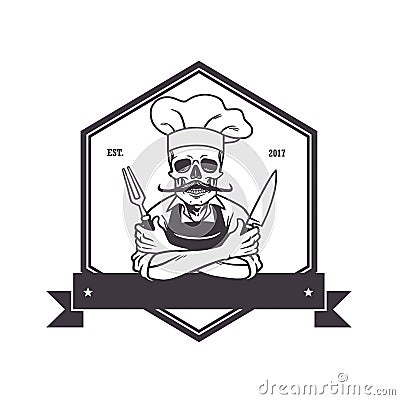 Dead Skull Chef Grinning with For, Knive, and Hat. Restaurant Logo Template. Hexagon Vector Drawing Vector Illustration