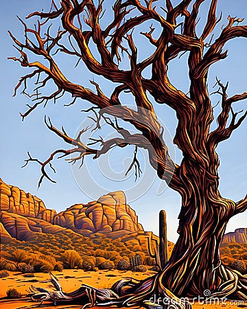 Dead tree with bare branches in desert landscape, generative ai Cartoon Illustration