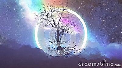 Dead tree floating in the night sky Cartoon Illustration