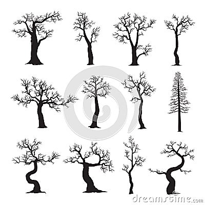 Dead tree without leaves, collection of trees silhouettes Vector Illustration