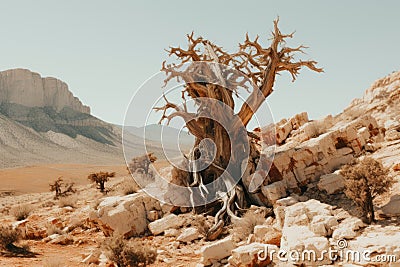 a dead tree in the middle of the desert Stock Photo