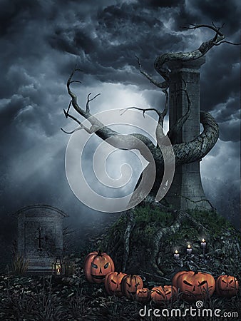 Dead tree with pumpkins Stock Photo