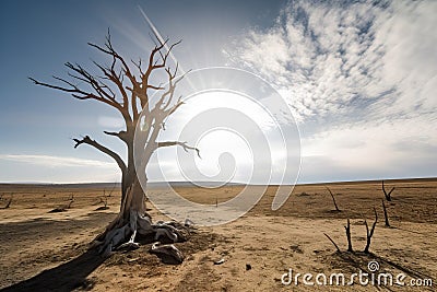 Dead trees over a barren landscape, desertification and food crisis concept. Generative AI illustration Cartoon Illustration