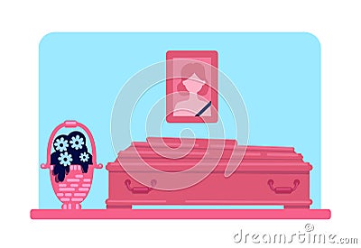 Dead woman coffin and photo flat color vector illustration Vector Illustration