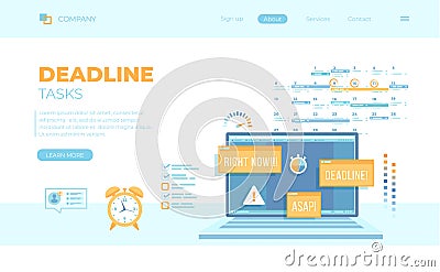 Deadline, Asap, Time limit and control. Laptop with notifications, messages on the screen, alarm clock, planning calendar. loading Vector Illustration