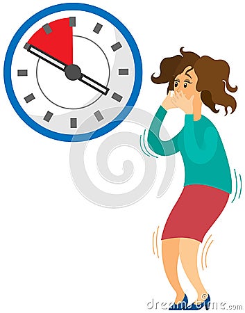 Deadline business concept, time management, fear of being late. Businesswoman is afraid of time Vector Illustration