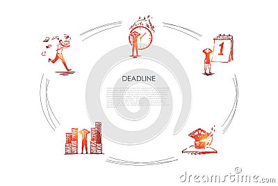 Deadline - business people hurrying up in office because of deadlines vector concept set Vector Illustration