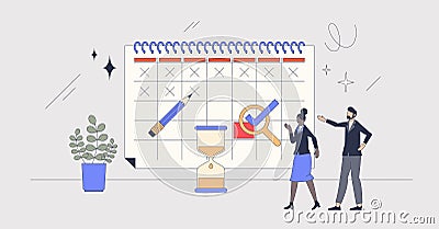 Deadline calendar and meeting schedule or planning retro tiny person concept Vector Illustration