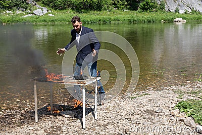 Deadline is coming. young businessman in panic. Bearded man freelance worker failure project. Hipster busy freelance Stock Photo