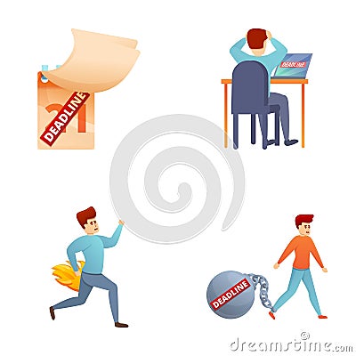 Deadline concept icons set cartoon vector. Stressed employees working overtime Vector Illustration