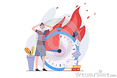 Deadline concept in modern flat design for web. Overworked employee trying hurry to time and doing many tasks, solving Cartoon Illustration