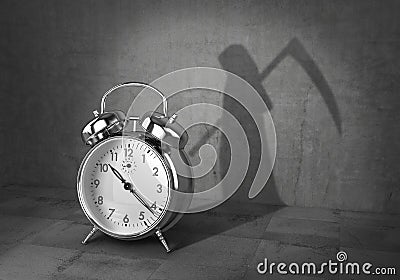 Deadline concept. Time to living. Alarm clock cast shadow in form of death with scythe. 3d Cartoon Illustration