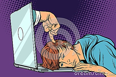 Deadline concept. Tired man at the laptop Vector Illustration