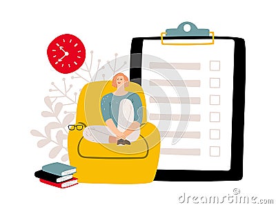 Deadline concept. To do list and relaxed woman. Vector procrastination concept Vector Illustration