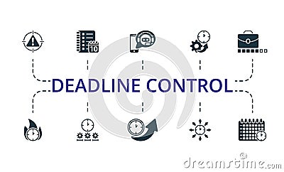 Deadline Control icon set. Monochrome simple Deadline Control icon collection. Time Log, Irritation List, Time Control Vector Illustration