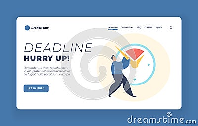 Deadline landing page template. Businessman triyng to stop time Vector Illustration