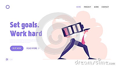 Deadline Overload and Life Energy Website Landing Page. Businessman Carry Huge Battery with Low Red Charging Level Vector Illustration