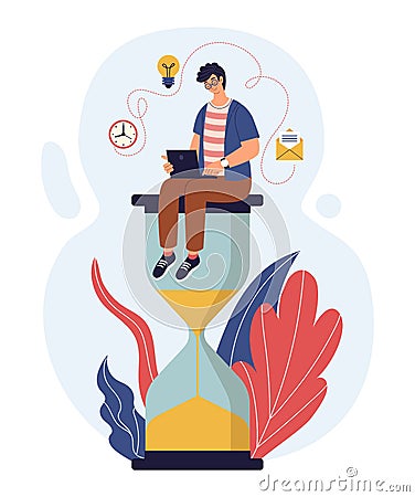 Deadline time. Work on sand clock with laptop, hourglass and business man, workaholic with computer, productivity Vector Illustration