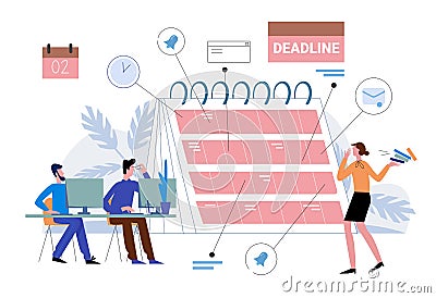 Deadline in work vector illustration, cartoon flat business people organize workflow, plan deadline on reminder planner Vector Illustration