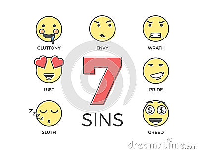 7 deadly sins represented by seven emoticon character expressions. Vector thin line icon illustrations. Colorful outline effect. Vector Illustration