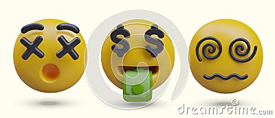 Deadly surprise, mouth full of money, dizziness. Set of yellow 3D emoticons for web design Vector Illustration