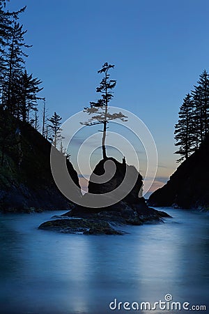 Deadman`s Cove at Cape Disappointment at Twilight Stock Photo