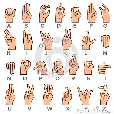 Deaf-mute language. American deaf mute hand gesture alphabet letters, asl vector symbols Vector Illustration