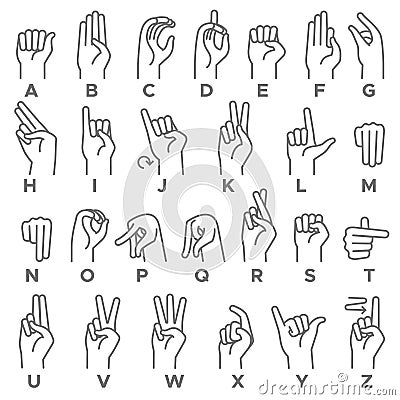 Deaf-mutes hand language. Learning alphabet, nonverbal deaf-mute communication, expressiveness asl gestures line vector Vector Illustration