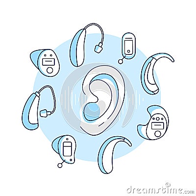 Deafness concept.Different types of hearing aids by size, type.Linear vector illustration in flat style. Cartoon Illustration