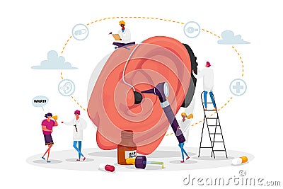 Deafness Concept. Deaf People with Hear Problems Visiting Doctor Audiologist for Ears Treatment Vector Illustration