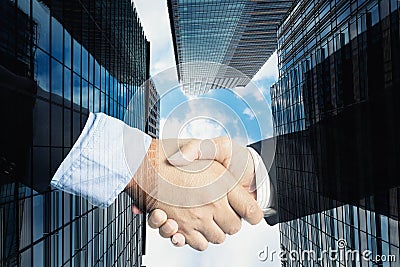 Deal or agreement business concept, handshake double exposure, c Stock Photo