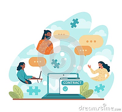 Deal concept. Entrepreneurs setting an official contract. Vector Illustration