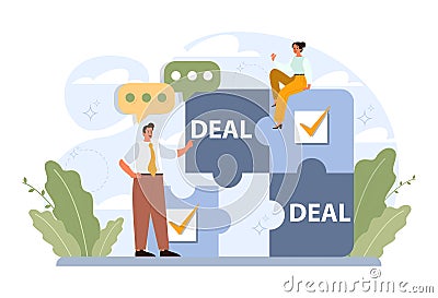 Deal concept. Entrepreneurs setting an official contract. Cartoon Illustration