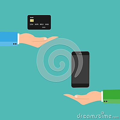 Deal flat illiustration.Hand holding money and hand holding telephone. Vector Illustration