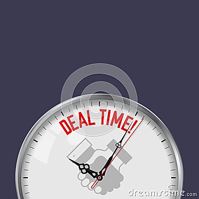 Deal Time. White Vector Clock with Motivational Slogan. Analog Metal Watch with Glass. Handshake Icon Stock Photo