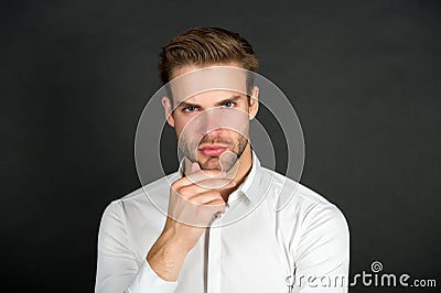 Deal with unforeseen circumstances. Crisis problem. Businessman in formal outfit. Confident man thinking. Solve business Stock Photo