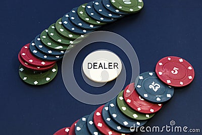 Dealer and gamble cards, poker and blackjack chips Stock Photo