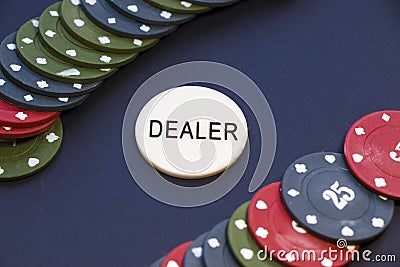 Dealer and gamble cards, poker and blackjack chips Stock Photo