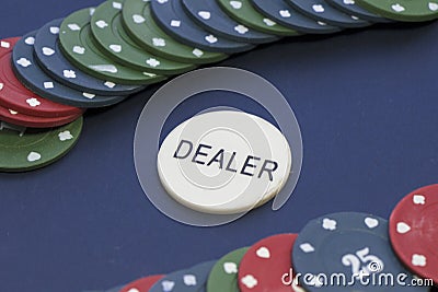 Dealer and gamble cards, poker and blackjack chips Stock Photo