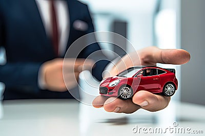 Dealer hand with car. Auto dealership and rental concept. Car loan, credit financial. Generative AI Stock Photo