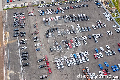 Dealership parking lot, many cars top aerial view Stock Photo