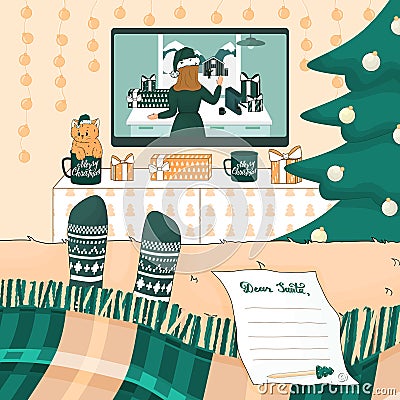 Dear Santa list, Christmas pen, person in knitted socks is watching New Year movie in bedroom. Room is decorated for winter Vector Illustration