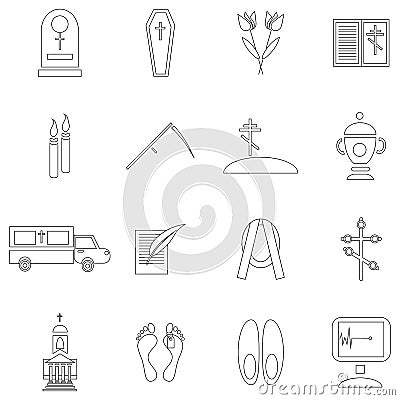 Death and funeral icons set, outline style Vector Illustration