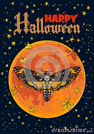 Death head hawkmoth on full Moon background. Halloween skull moth butterfly. Vector Illustration