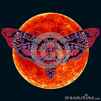 Death head hawkmoth on the full red Moon background. Skull moth butterfly. Vector Vector Illustration