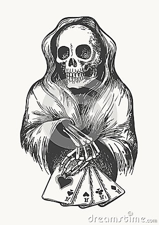 Death with Playing Cards Cartoon Illustration