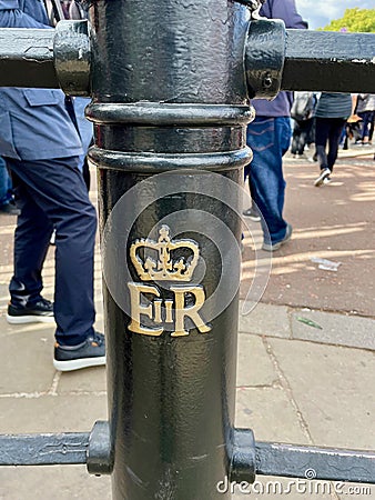 Royal cypher of HM the late Queen Elizabeth II (EIIR) on a post outside Buckingham Palace September 2022 Editorial Stock Photo